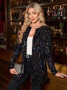 Gownix Damen bunte Pailletten Langarm Offene Vorderseite Mode Regeljacke Herbst Winter Kleidung für Frauen - Verschiedenfarbig - Übersicht 4