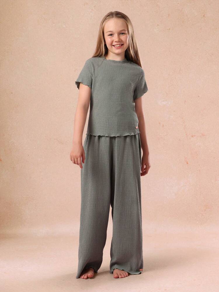 Kombiteil: Strukturiertes Jersey-Crop-Top mit Hose mit weitem Bein