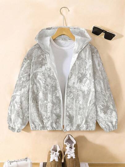 SHEIN Boys Clothes Casual Sports Street Green Camouflage Branch Pattern Printed Hooded Jacket Back To School Clothe Boys School Clothes Autumn Winter Clothes For Girl