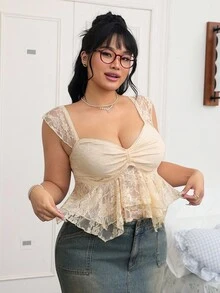 SHEIN EZwear Plus Size Summer Casual Front Twist Lace T-Shirt Lace Top Cream Lace Top Women Lace Tops,Going Out Tops Women - Yellow - View 1