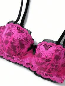 SHEIN 1pc Lace Patchwork Butterfly Decor Underwire Padded Bralette For Women - Hot Pink - View 12
