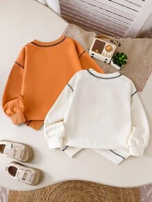 SHEIN Genkimix Kids 2 件套幼儿男童卡其色马术刺绣圆领长袖运动衫套装，舒适时尚，适合秋冬 - 彩色 - 查看 3