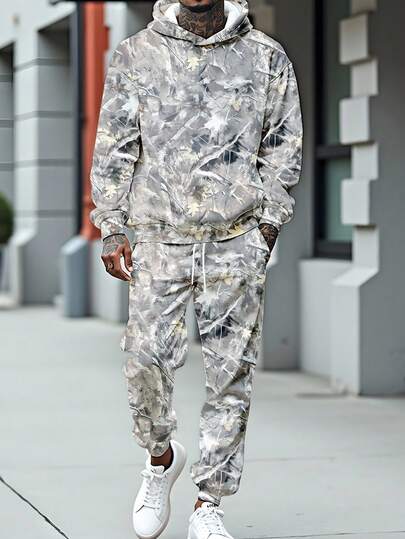 Manfinity Roughcore Men's Camouflage Print Hoodie And Sweatpants Set, Suitable For Autumn/Winter Men Camouflage Set