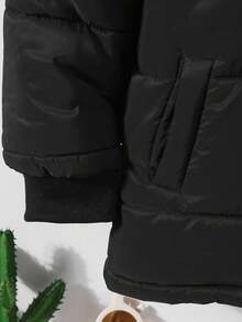 Casaco acolchoado casual de comprimento médio para meninos, com capuz e remendos, grosso para outono/inverno - Preto - Ver 5