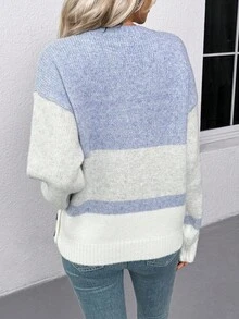 EMERY ROSE Women's Casual Contrast Color Crew Neck Knit Top With Hem Slit, Versatile For Autumn/Winter