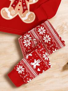 SHEIN Young Girls Festive Christmas, Christmas Red, Cute Cartoon Gingerbread Man Mini Bow Print, Vibrant Fair Isle Pattern Print, Family Party, Young Girl Casual Thermal Lined Soft Comfortable Long Sleeve Pants Pajama Set, Suitable For Autumn/Winter