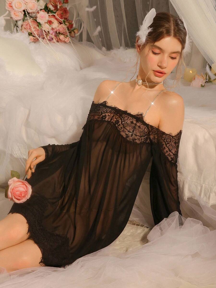 DelicateAllure 女士性感薄纱蕾丝睡裙，秋冬款 - 黑色 - 查看 1