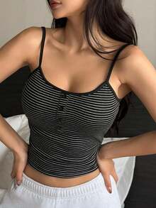 DAZY Striped Fake Collar Padded Cami Top Crop Women Tops - Black - View 4
