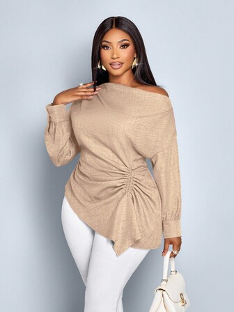 SOLERSUN Women's Plus Size Fall And Winter Solid Color Asymmetric Collar Long Sleeve Side Drawstring Ruched Fashion Blouse,Asymmetric Hem Blue Woven Fabric Shopping And Dating Blouse