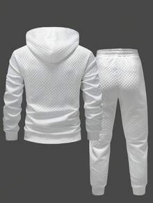 Manfinity Homme Men's Hoodie + Drawstring Pants Set, Solid Color Diamond Jacquard Fabric, Label Detail Design, Casual Sports Suit, Autumn/Winter Minimalist Casual Wear For Home, Commute Daily Leisure, Weekend Trips, Outdoor Activities, Travel Expeditions, Relaxed Work Environments Or Semi-Formal Occasions,Boyfriend/Husband Gift, Anniversary Gift - White - View 2