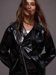 MUSERA Faux Leather Asymmetric Zip Through Collared Jacket Winter Night Out Going Out Streetwear Cute Back To School Sexy Uncut - Black - View 6