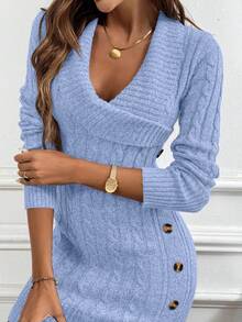 EMERY ROSE Collared Knit Long Sleeve Comfortable Sweater Dress - Blue - View 6