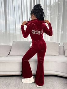 SHEIN 青少年女孩秋冬休闲时尚百搭针织天鹅绒连帽拉链后钻修身喇叭裤，周末休闲外出，节日派对，圣诞节 - 酒紅色 - 查看 7