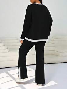 Solflare 2pcs/Set Plus Size Contrast Color Trim Ribbed Knit Round Neck Long Sleeve Top And Slit Leg Long Pants,Winter Clothes For Women - Black and White - View 2