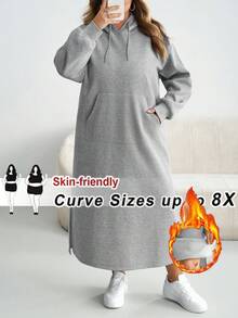 SHEIN CURVE+ 大码女式落肩长袖休闲灰色针织连帽长款运动衫连衣裙 - 淺灰色 - 查看 1