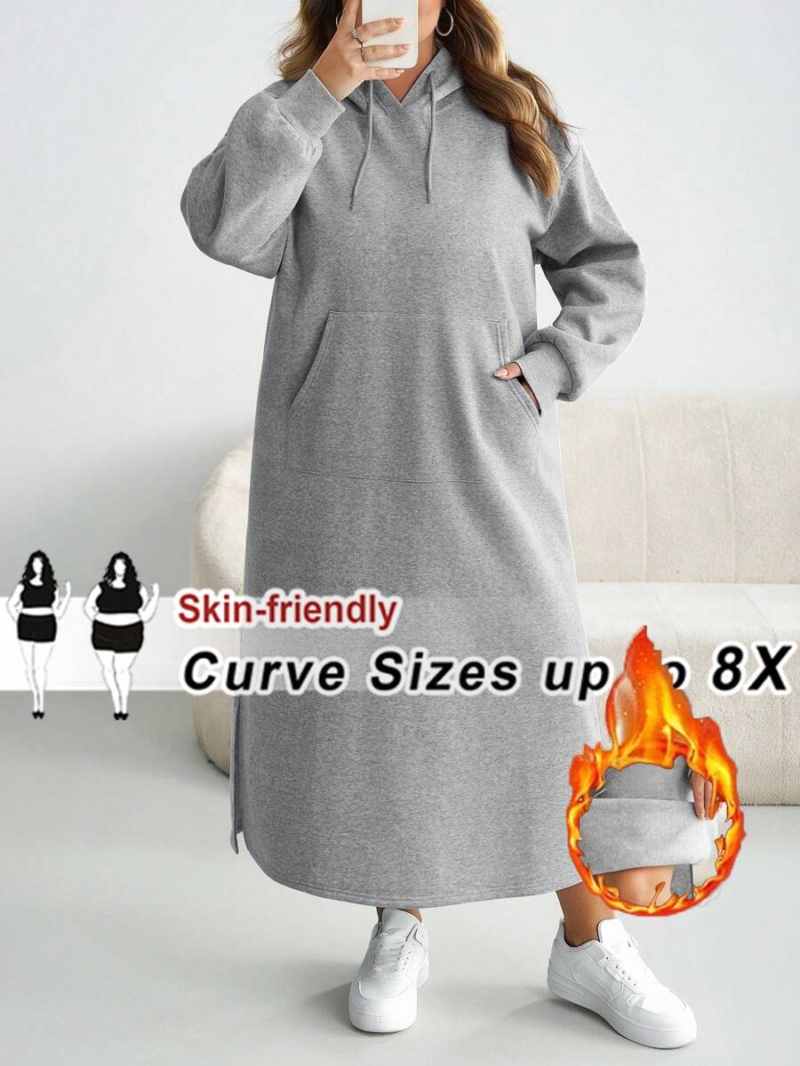 SHEIN CURVE+ 大码女式落肩长袖休闲灰色针织连帽长款运动衫连衣裙 - 淺灰色 - 查看 1
