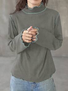 FRIFUL 女式黑色纯色高领长袖撞色滚边后颈抽绳镂空设计修身休闲百搭 T 恤，秋季 - 淺灰色 - 查看 5