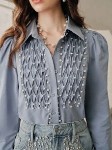 Anewsta Savoree Áo cánh tay phồng đính ngọc trai giả thanh lịch cho nữ - Màu xanh lam - Xem 3