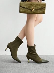 CUCCOO BIZCHIC 女士秋冬新款时尚弹力细跟修身短靴，军绿色踝靴，百搭舒适通勤鞋 - 軍綠色 - 查看 4