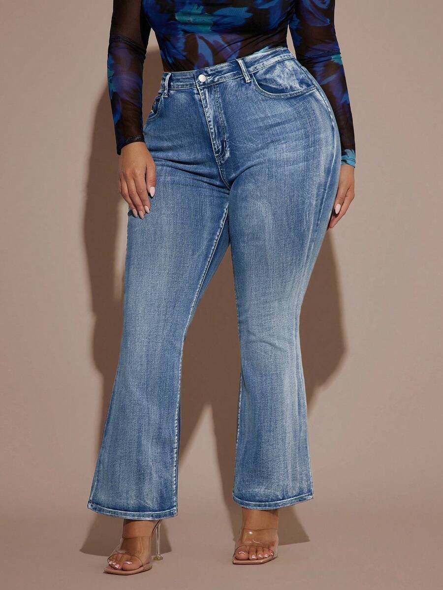 SHEIN BAE Quần jeans ống loe bó sát co giãn màu xanh cỡ lớn, mùa hè dành cho nữ, quần jeans mùa hè, quần Cottagecore, phong cách Old Money dành cho nữ, kỳ nghỉ, Gyaru, trang phục phương Tây dành cho nữ, quần jeans lễ Phục sinh, quần jeans hòa nhạc dành cho nữ, lễ hội Rave, quần jeans cạp cao, quần jeans họa tiết - Rửa trung bình - Xem 1