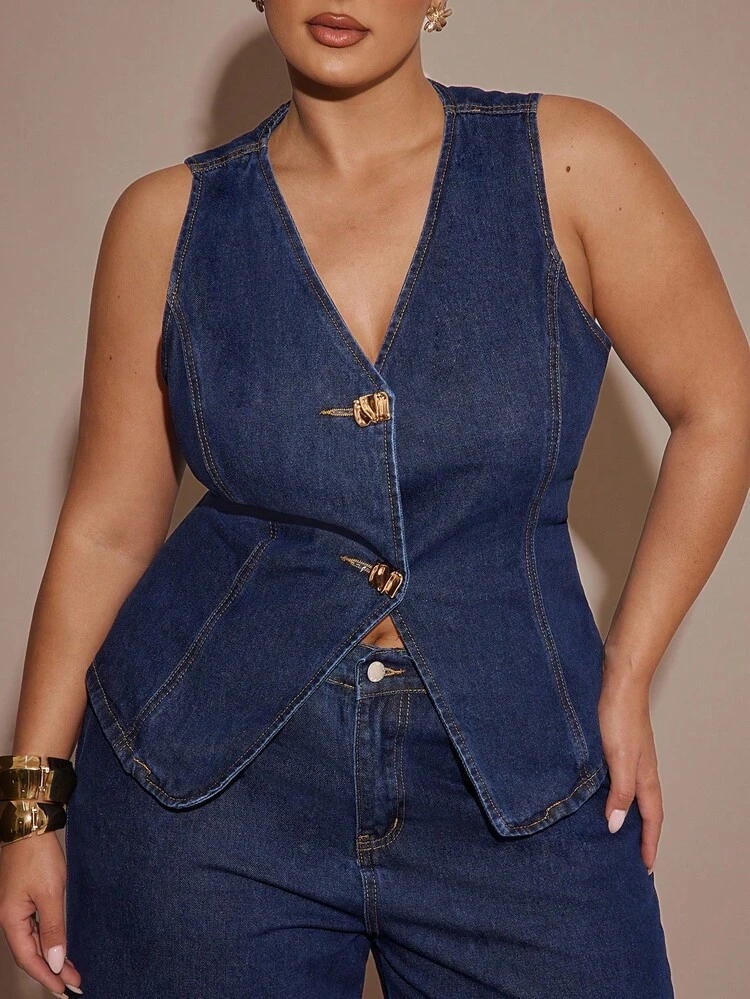 SHEIN BAE Completo in denim blu scuro da donna taglie forti, composto da gilet smanicato con bottoni dorati e pantaloni a vita alta a gamba larga, stile "old money", abbigliamento autunnale per donne, outfit casual elegante per ufficio - Blu lavato scuro - Visualizzare 8