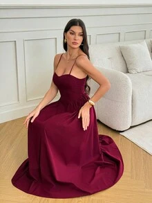 SHEIN Tall 优雅女士长款飘逸细肩带连衣裙，适合日常、约会、外出、夜总会、派对、秋季、女士夏季连衣裙、茶会连衣裙 - 酒紅色 - 查看 2