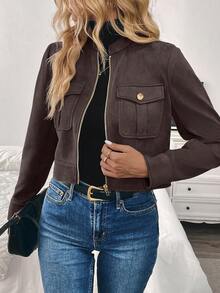 SHEIN PETITE Chaqueta corta de mujer para otoño con bolsillos grandes, botones metálicos, cremallera y cuello alto, diseño minimalista en color albaricoque - Marrón - Ver 1
