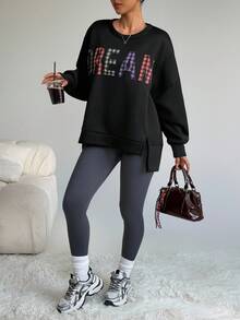 Dewbera 女式休闲印花圆领长袖运动衫 - 黑色 - 查看 3