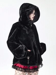 ROMWE 女士秋冬时尚暗黑朋克风格拉链连帽仿皮草夹克 - 黑色 - 查看 8