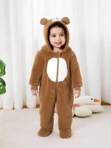 Newborn Baby Unisex Plush Bear Ear Animal Hooded Zipper Footed Jumpsuit Baby Winter Jumpsuit Baby Winter Fur Clothing Mocha Baby Clothes Baby Fleece Jumpsuit Baby Coat Jumpsuit Fall - Multicolor - View 5