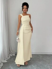 Rafferiza 女式纯色简约日常褶皱腰珠饰肩部紧身连衣裙 - 杏色 - 查看 4
