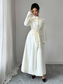 Rafferiza 女式纯色立领长袖单排扣腰带设计优雅大衣，秋冬 - 米色 - 查看 5