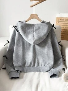 SHEIN 少女优雅可爱3D蝴蝶结领拉链保暖针织连帽外套，秋冬 - 灰色 - 查看 2