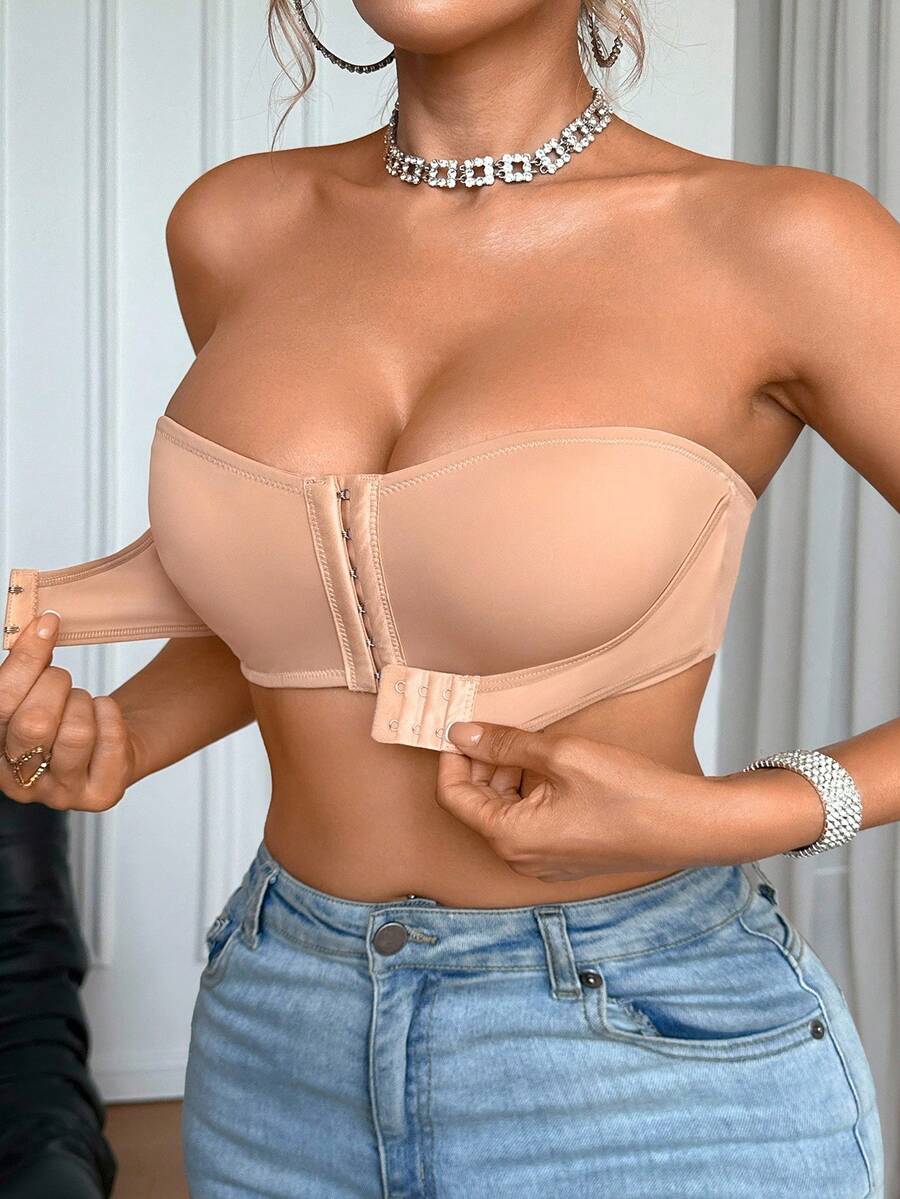 SHEIN Upgraded Double Front Closure Padded Push Up Bra, Easy To Wear - Khaki - View 1