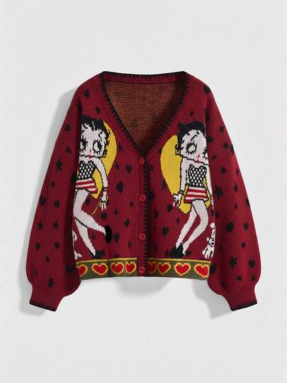 Betty Boop | ROMWE Women Y2K Betty Heart & Star Pattern Cardigan