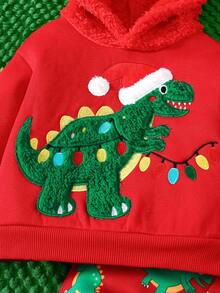 SHEIN Playful Pals Toddler Boys' Christmas Dinosaur Hooded Sweatshirt & Pants Set, Plush Hat, Holiday Outfit