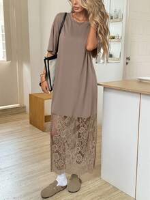 Easowa 圆领纯色短袖宽松休闲T恤和蕾丝连衣裙，外出通勤时尚 - 卡其色 - 查看 4
