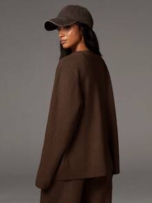 Athîral كاردجان نسائي طويل الأكمام فضفاض مريح وعملي للخريف والشتاء، كاردجان دافئ للنساء في فصلي الخريف والشتاء - بني - مشاهدة 2