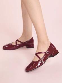 CUCCOO DOLLMOD 女士优雅复古经典方头漆皮粗跟玛丽珍鞋带平底鞋，红色 - 紅色 - 查看 5