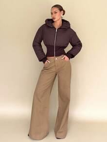 Almamuse Women's Casual Cinched Waist Zip-Up Hooded Jacket, Versatile For Winter - Brown - View 4