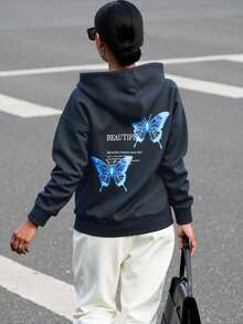 SHEIN Unity Letter & Butterfly Print Drop Shoulder Hoodie BEAUTIFUL Miracles Happen Every Day Life Is Not Always Dark Live The Life You Most Want Try To Do What You Want To Do Most What You Want Will Come,Long Sleeve Tops Graduation,Back To School,Graduation,Teacher For Women,Back To School Pullover Fall Sweatshirt - Dark Grey - View 2