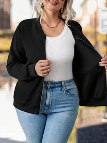 Plus Size Women's Solid Color Long Sleeve Casual Baseball Jacket, Spring Autumn Fall Winter Cloth For Women - Black - View 5
