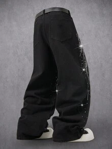 Manfinity Denimwave Fashionable Rhinestone Embellished Denim Wide Leg Pants, Unisex Streetwear Baggy Rhinestone Black Vacation Party Diamond Starlight Denim For Y2K - Black - View 2