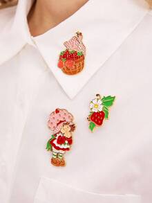 Strawberry Shortcake X SHEIN 3 件时尚 3D 浮雕骷髅和花朵锌合金胸针，金色徽章礼物，适合外套、衬衫、西装、包包、万圣节 - 彩色 - 查看 2