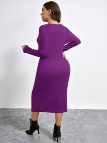 SHEIN Clasi Plus Size Solid Color Twist Knot Crew Neck Fitted Elegant Long Sleeve Dress/Fall/Winter - Purple - View 2