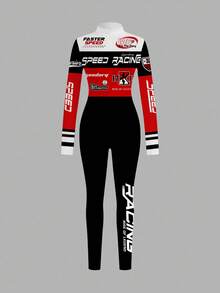 Slaydiva Luźny, sportowy kombinezon inspirowany wyścigami, z długim rękawem i golfem, zapinany z przodu na zamek błyskawiczny, odpowiedni na jesień/zimę, sezon wyścigowy i sportowy