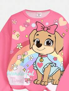 SHEIN 2 件套年轻女孩休闲套装：可爱小狗印花运动衫和紧身裤，彩虹蝴蝶结花卉印花，适合秋冬季、街头风格、休闲、校园、户外、家居 - 彩色 - 查看 4