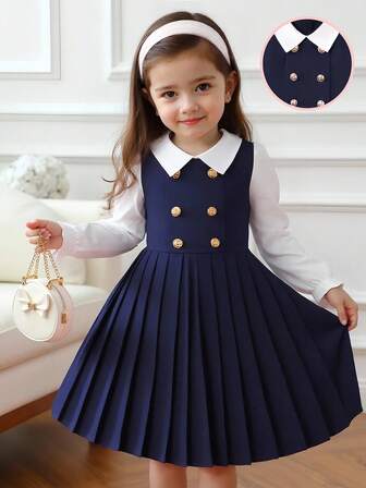 SHEIN Elladie kids 年轻女孩海军蓝彼得潘领双排扣褶裥下摆长袖二合一连衣裙，适合休闲、优雅、通勤、校园风格