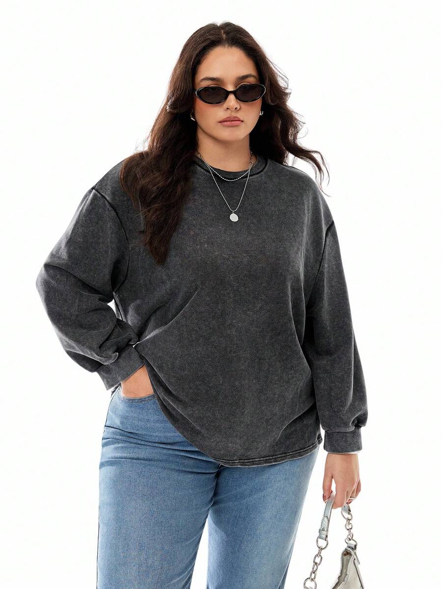SHEIN EZwear Plus Drop Shoulder Sweatshirt For Spring And Autumn Graduation,Back To School Outfits,Graduation,Teacher Outfits For Women,Back To School Winter Fall - Black - View 1