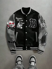 Manfinity EMRG Áo khoác nam họa tiết chữ và mạng nhện đơn giản, phong cách đường phố Mỹ tối giản, trang phục thu/đông cho nam - Nhiều màu - Xem 1